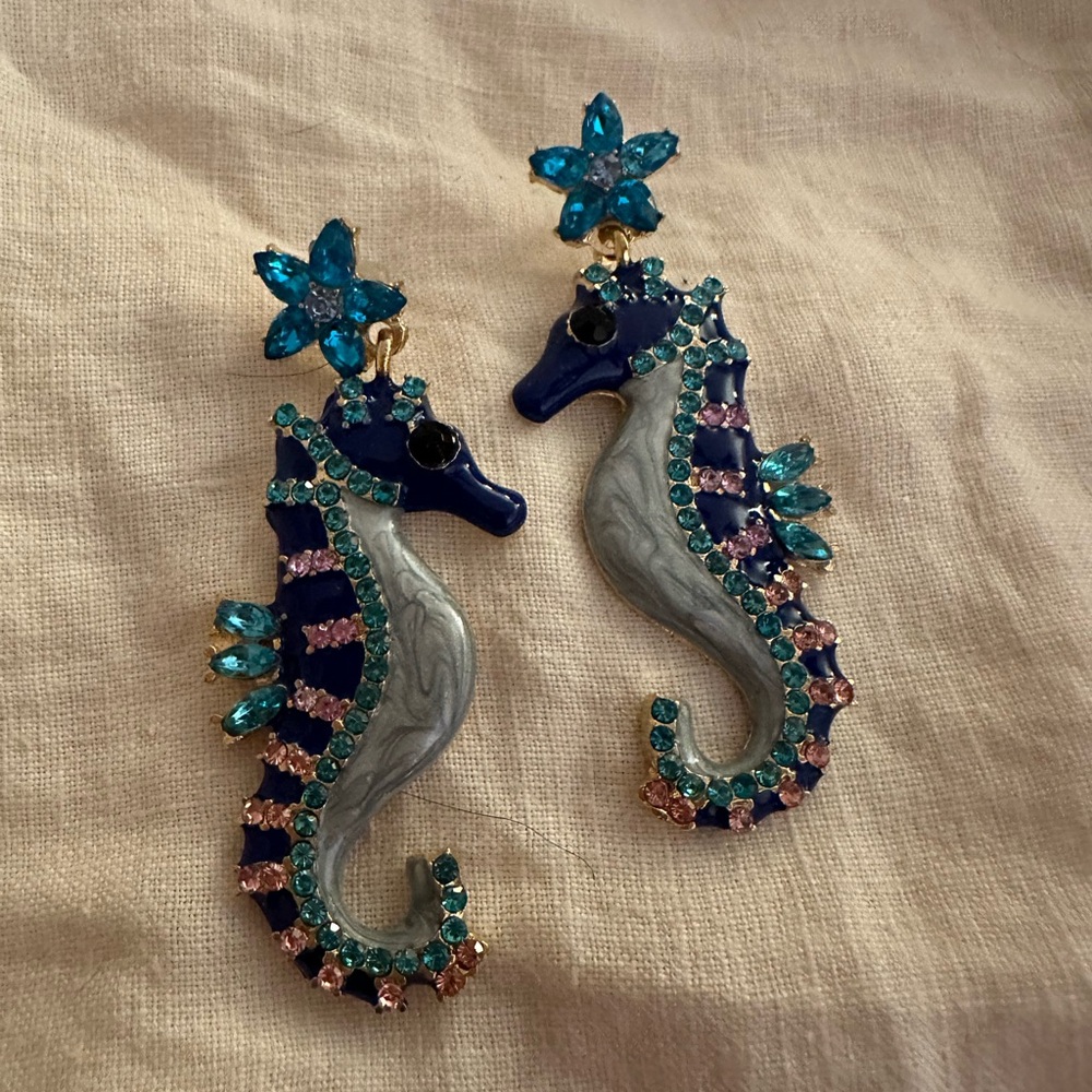 Seahorse Crystal Drop Earrings - Blue & Teal